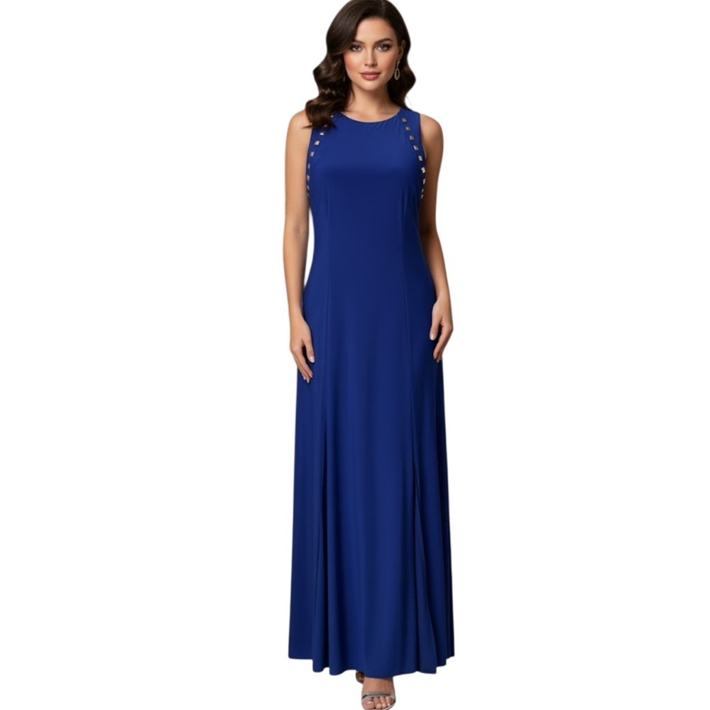 R&M Richards Royal Blue Sleeveless Gold Studded Gown Maxi Dress Size 10
